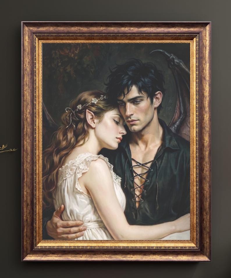 May include: A framed oil painting depicting a person with long wavy hair and pointed ears wearing a white dress, embracing a person with dark hair, pointed ears, and dark wings, who wears a black shirt with a lace-up front closure.