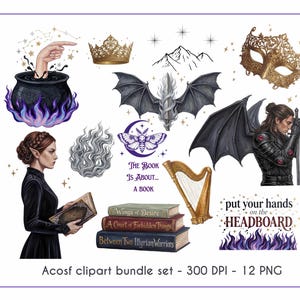 Peut inclure: Une collection d'images numériques comprenant une personne aux oreilles pointues lisant un livre, une pile de livres, une figure ailée avec une épée, une couronne dorée, un masque, un chaudron aux flammes violettes, une harpe et les textes "The Book Is About... A BOOK" et "put your hands on the HEADBOARD."