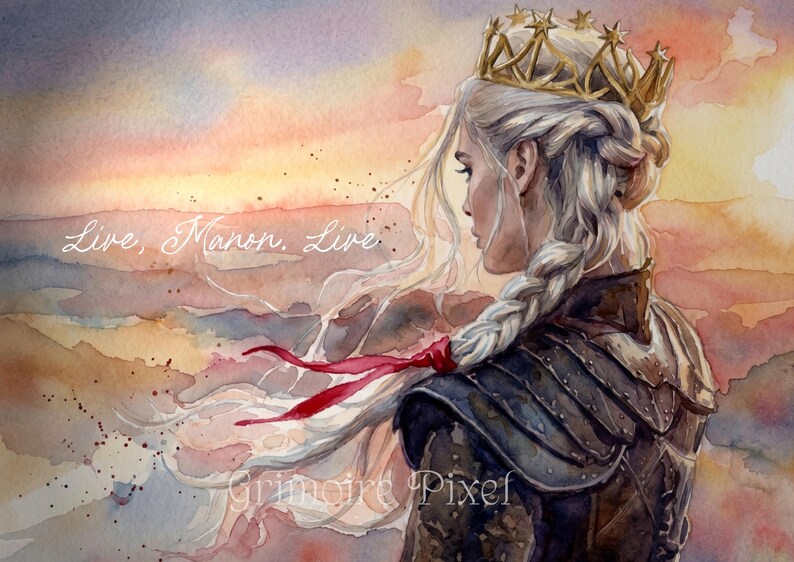 May include: Watercolor painting of a woman with long, braided white hair, wearing a gold crown and armor. The artwork features the text "Live, Manon, Live" and is set against a colorful sunset backdrop. The artist's name, "Grimoire Pixel," is also visible.