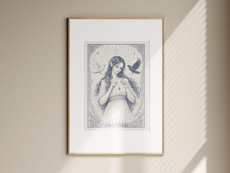 May include: Framed art print featuring a detailed illustration of a woman with long hair, adorned with flowers, and a flowing dress. Two birds flank her. The artwork is in shades of blue and white, with intricate floral and star details.
