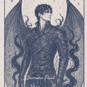 May include: A detailed illustration of a figure with large, dark wings, wearing a textured leather-like outfit and holding a sword. The artwork is in shades of blue and features a celestial background with stars and the text "Grimoire Pixel".