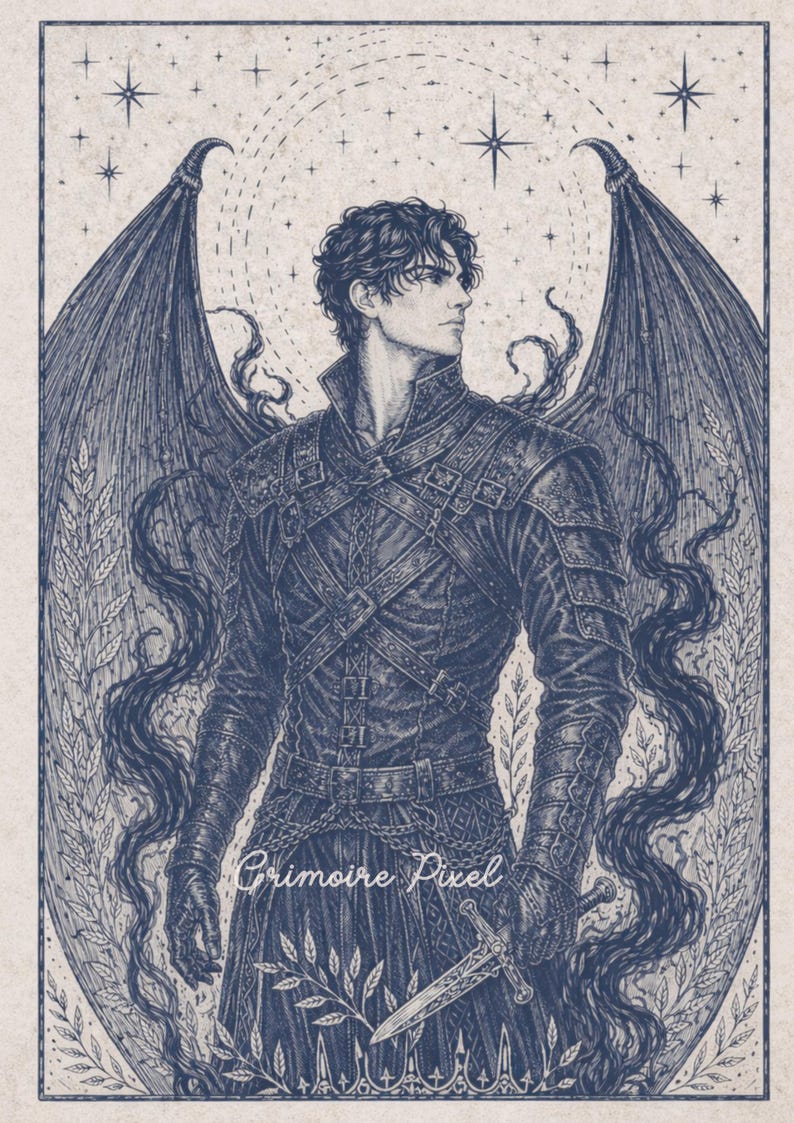May include: A detailed illustration of a figure with large, dark wings, wearing a textured leather-like outfit and holding a sword. The artwork is in shades of blue and features a celestial background with stars and the text "Grimoire Pixel".