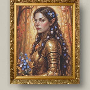 May include: A framed painting of an elf with long brown hair adorned with small blue and white flowers, wearing ornate gold armour with intricate engravings. The figure holds a bouquet of blue flowers against a warm, golden autumn forest background.