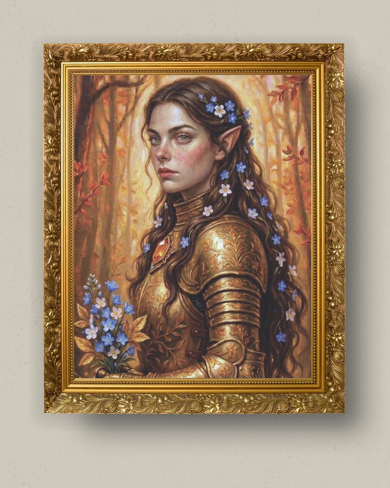 May include: A framed painting of an elf with long brown hair adorned with small blue and white flowers, wearing ornate gold armour with intricate engravings. The figure holds a bouquet of blue flowers against a warm, golden autumn forest background.
