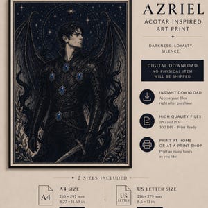 May include: A framed art print featuring a dark-haired figure with large wings, adorned in black armor with blue accents. The print is labeled "Azriel, ACOTAR Inspired Art Print" and includes text about digital download options and sizes.