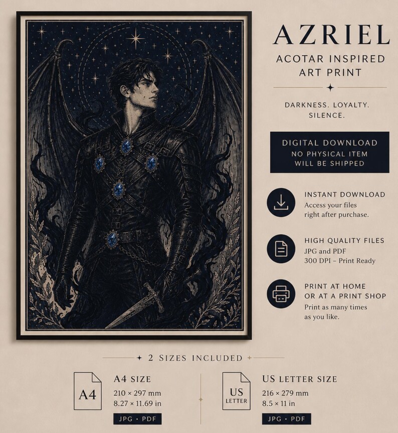 May include: A framed art print featuring a dark-haired figure with large wings, adorned in black armor with blue accents. The print is labeled "Azriel, ACOTAR Inspired Art Print" and includes text about digital download options and sizes.