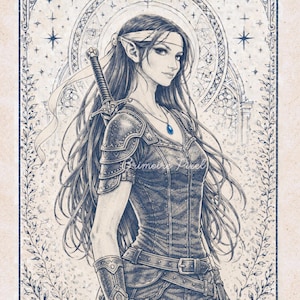 May include: Detailed illustration of a female fantasy character with long dark hair, pointed ears, and a sword. She wears armor and a necklace with a blue gem. The artwork is in shades of blue and white, with a decorative border and celestial background.