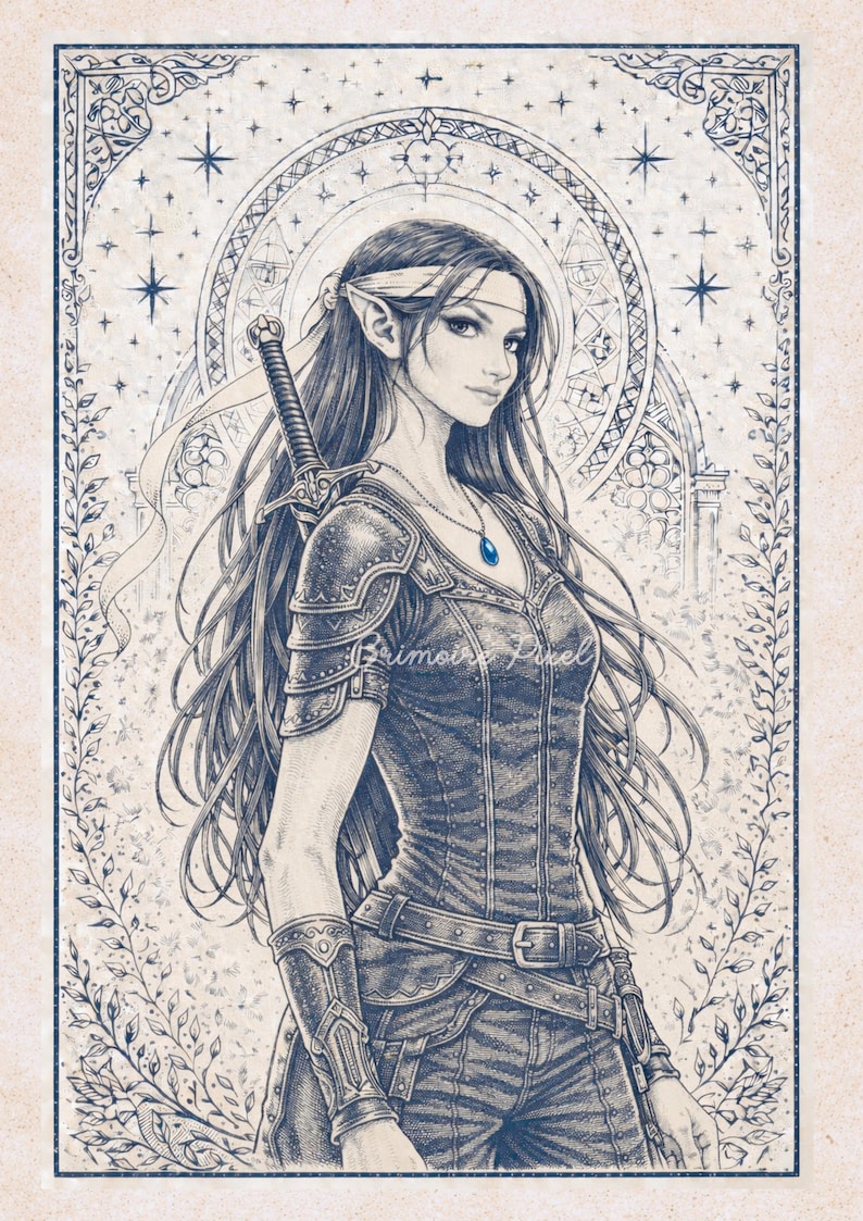 May include: Detailed illustration of a female fantasy character with long dark hair, pointed ears, and a sword. She wears armor and a necklace with a blue gem. The artwork is in shades of blue and white, with a decorative border and celestial background.