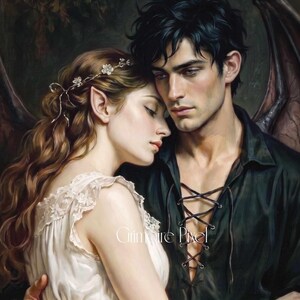 May include: A digital illustration of two figures embracing. One figure has long wavy brown hair, pointed ears, and a white sleeveless dress with lace trim. The other figure has dark hair, a black lace-up shirt, and large dark wings. Text reads Grimoire Pixel.