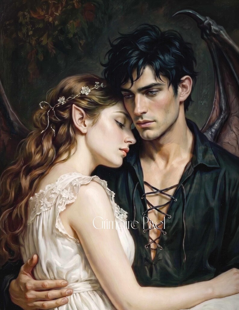 May include: A digital illustration of two figures embracing. One figure has long wavy brown hair, pointed ears, and a white sleeveless dress with lace trim. The other figure has dark hair, a black lace-up shirt, and large dark wings. Text reads Grimoire Pixel.