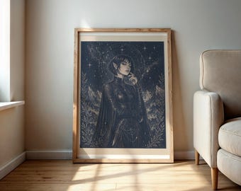 Amren ACOTAR Wall Art Celestial Goddess Print Dark Blue Ink Illustration Fantasy Poster Digital Download Dark Feminine Decor Night Court Art