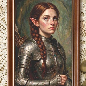 May include: A framed portrait of an elf with auburn hair in a braid, wearing ornate silver plate armour with floral engravings. The figure has pointed ears and freckles, and a quiver of arrows is visible over the shoulder. The frame is dark wood.