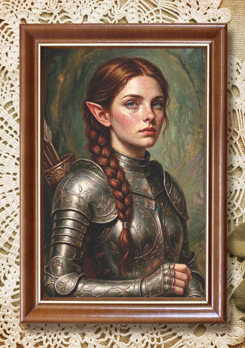May include: A framed portrait of an elf with auburn hair in a braid, wearing ornate silver plate armour with floral engravings. The figure has pointed ears and freckles, and a quiver of arrows is visible over the shoulder. The frame is dark wood.