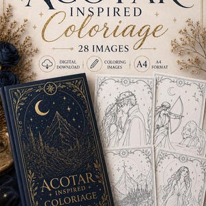 Può includere: Libro da colorare ispirato ad ACOTAR con 28 immagini. La copertina è blu navy con scritte e illustrazioni dorate. Il libro è accompagnato da diverse pagine da colorare in bianco e nero con arte fantasy. Il testo include "Download digitale" e "Formato A4".