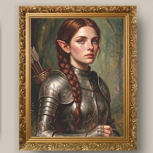May include: Three framed portraits featuring elf-like figures in metal armour. The left shows a figure with braided hair holding white light. The centre shows a figure with a red braid and quiver. The right shows a figure with blue flowers in hair.