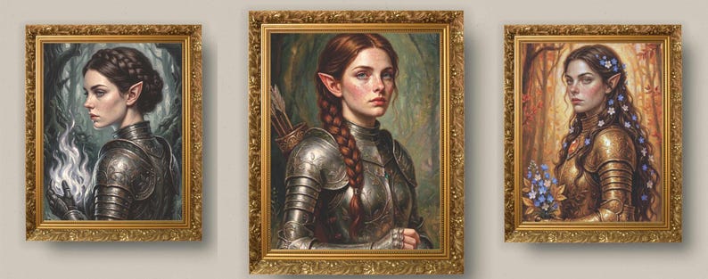 May include: Three framed portraits featuring elf-like figures in metal armour. The left shows a figure with braided hair holding white light. The centre shows a figure with a red braid and quiver. The right shows a figure with blue flowers in hair.