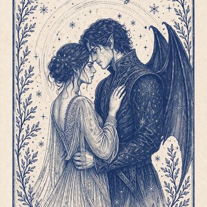 May include: A detailed blue and white illustration of a couple embracing, surrounded by a floral border. The man has large wings and is wearing a dark jacket. The woman is in a flowing gown. Stars and a celestial background complete the romantic scene.