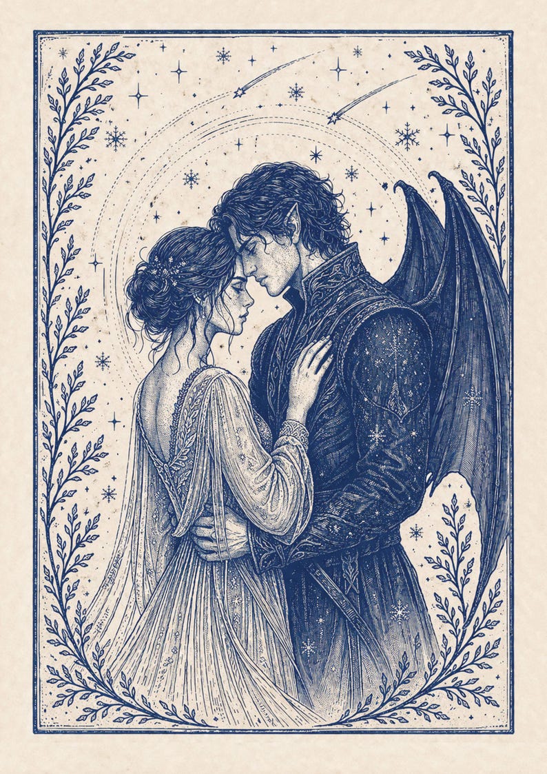 May include: A detailed blue and white illustration of a couple embracing, surrounded by a floral border. The man has large wings and is wearing a dark jacket. The woman is in a flowing gown. Stars and a celestial background complete the romantic scene.