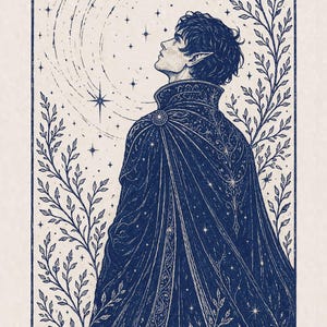 May include: A detailed illustration of a figure with pointed ears, wearing a dark blue cloak adorned with stars and intricate patterns. The figure gazes upward towards a crescent moon and stars, framed by leafy vines.