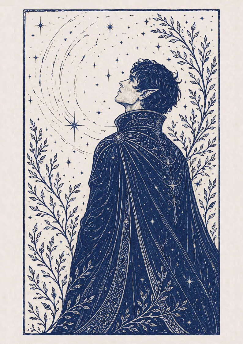May include: A detailed illustration of a figure with pointed ears, wearing a dark blue cloak adorned with stars and intricate patterns. The figure gazes upward towards a crescent moon and stars, framed by leafy vines.