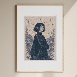 May include: Framed art print featuring a stylized illustration of a person with pointed ears, wearing a dark cloak, and standing in front of a mountain range. The artwork has a vintage aesthetic with celestial elements.