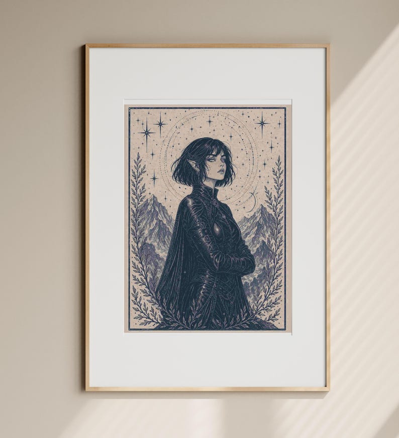 May include: Framed art print featuring a stylized illustration of a person with pointed ears, wearing a dark cloak, and standing in front of a mountain range. The artwork has a vintage aesthetic with celestial elements.