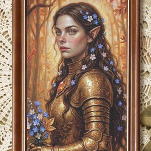 May include: A framed portrait of an elf with long brown hair adorned with small blue flowers, wearing ornate gold armour with intricate engravings. The figure holds a bouquet of blue flowers against a warm, golden-toned forest background.