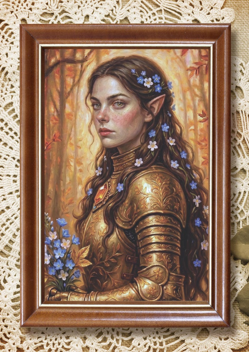 May include: A framed portrait of an elf with long brown hair adorned with small blue flowers, wearing ornate gold armour with intricate engravings. The figure holds a bouquet of blue flowers against a warm, golden-toned forest background.