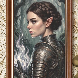 May include: A framed wall art print depicting an elf with braided hair wearing ornate metal armour with leaf engravings. The figure holds a glowing white flame in one hand against a dark, misty forest background. The frame is dark brown wood.