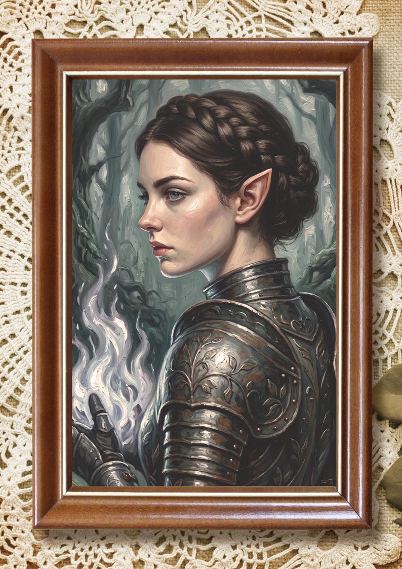 May include: A framed wall art print depicting an elf with braided hair wearing ornate metal armour with leaf engravings. The figure holds a glowing white flame in one hand against a dark, misty forest background. The frame is dark brown wood.
