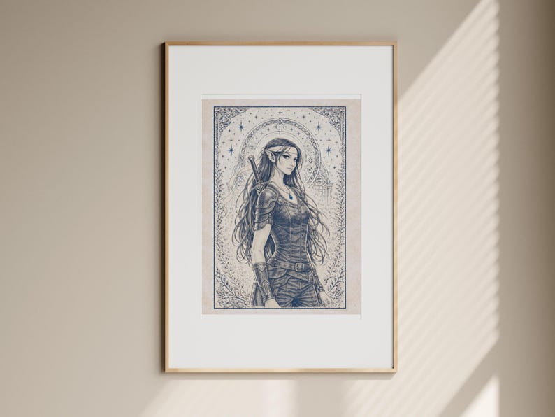 May include: Framed art print featuring a detailed illustration of a female elf warrior. The artwork is in shades of blue and gray, with intricate details in the clothing and background. The elf has long hair and a sword on her back. The print is in a gold frame.