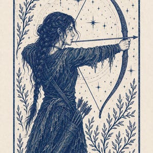 May include: A detailed illustration of a person aiming a bow and arrow. The archer is depicted in a dark blue outfit, with a quiver of arrows. The background features a starry sky and decorative floral elements, all within a blue border.