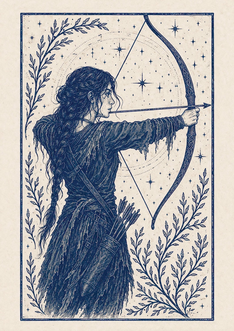 May include: A detailed illustration of a person aiming a bow and arrow. The archer is depicted in a dark blue outfit, with a quiver of arrows. The background features a starry sky and decorative floral elements, all within a blue border.
