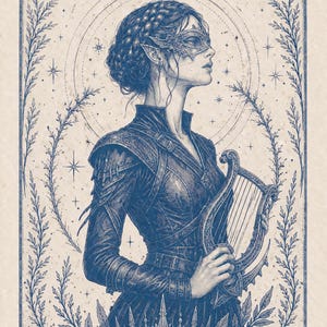 Puede incluir: Ilustraci&oacute;n azul y blanca de una persona con orejas puntiagudas que lleva una m&aacute;scara y sostiene un arpa. La obra de arte est&aacute; enmarcada con un borde floral y elementos celestiales, incluyendo estrellas y una corona.