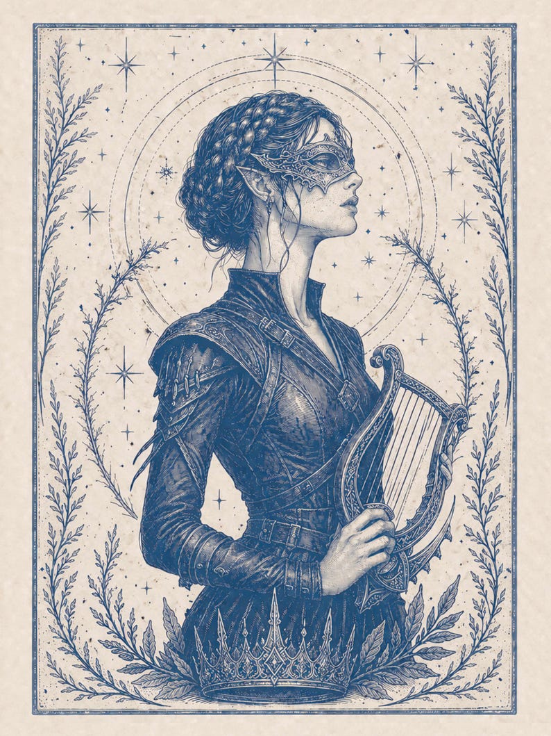 Puede incluir: Ilustraci&oacute;n azul y blanca de una persona con orejas puntiagudas que lleva una m&aacute;scara y sostiene un arpa. La obra de arte est&aacute; enmarcada con un borde floral y elementos celestiales, incluyendo estrellas y una corona.