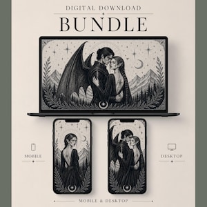 Peut inclure: Ensemble de téléchargement numérique présentant une illustration en noir et blanc d'un couple s'embrassant, dont l'un a de grandes ailes. Le design est affiché sur un ordinateur portable et deux smartphones. Le texte en haut indique "DIGITAL DOWNLOAD BUNDLE".