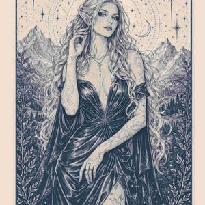 May include: An illustration of a woman with long, wavy blonde hair, pointed ears, and tattoos, wearing a dark, flowing dress. The background features mountains, stars, and a crescent moon, with a decorative border.
