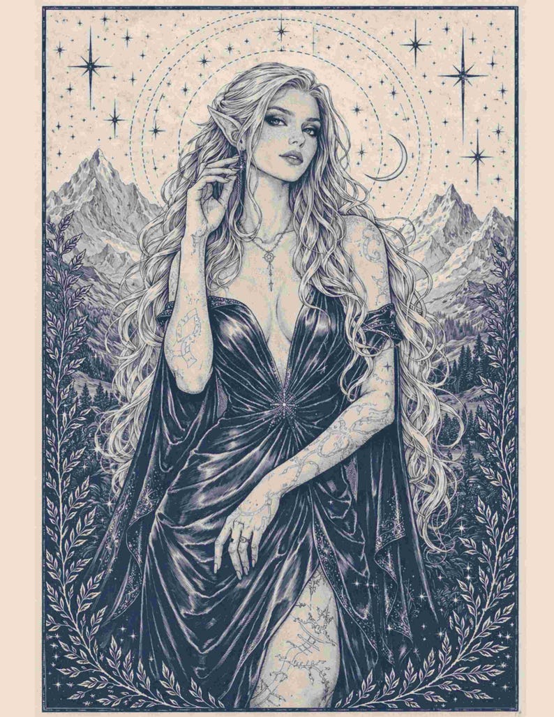 May include: An illustration of a woman with long, wavy blonde hair, pointed ears, and tattoos, wearing a dark, flowing dress. The background features mountains, stars, and a crescent moon, with a decorative border.