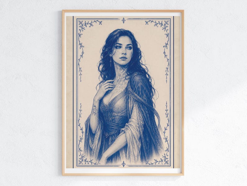 May include: A framed blue and white portrait of a woman with long, dark hair. The artwork features a detailed illustration of a woman in a flowing gown, with a decorative border. The portrait is set against a beige background.