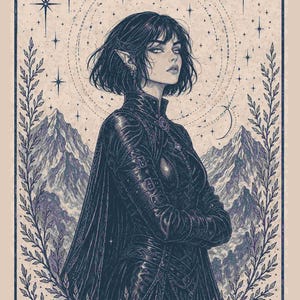 May include: An illustration of a person with pointed ears, wearing a dark outfit with a cape, and arms crossed. The background features mountains, stars, and a crescent moon. The image is framed by a border of leaves.