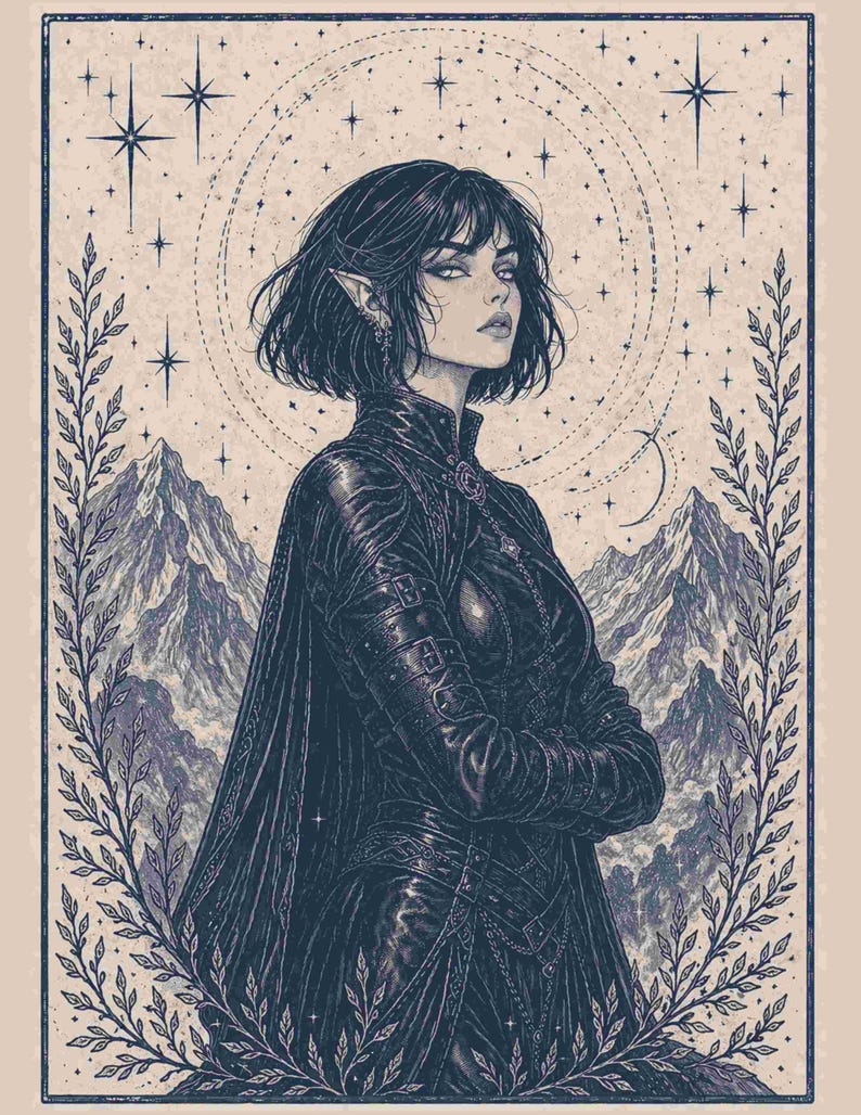 May include: An illustration of a person with pointed ears, wearing a dark outfit with a cape, and arms crossed. The background features mountains, stars, and a crescent moon. The image is framed by a border of leaves.