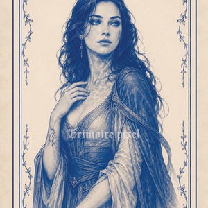 May include: A blue and white illustration of a woman with long, dark hair, wearing a flowing gown. The image has a vintage aesthetic, with a decorative border of leaves and the text "Grimoire Pixel".