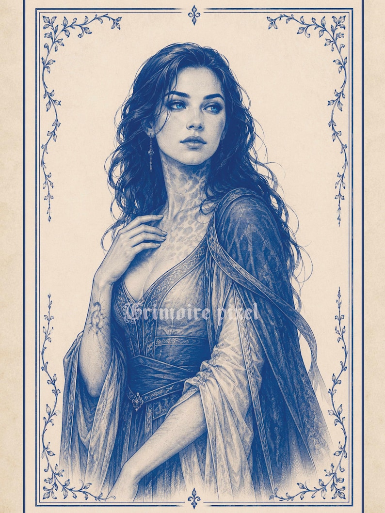 May include: A blue and white illustration of a woman with long, dark hair, wearing a flowing gown. The image has a vintage aesthetic, with a decorative border of leaves and the text "Grimoire Pixel".