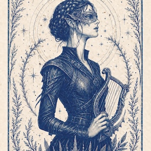 May include: A blue and white illustration of a person wearing a mask and holding a harp. The person is dressed in a dark blue outfit with a crown at the bottom. The background features stars and a circular design.