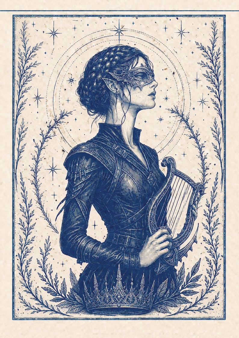 May include: A blue and white illustration of a person wearing a mask and holding a harp. The person is dressed in a dark blue outfit with a crown at the bottom. The background features stars and a circular design.