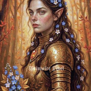 May include: An oil painting style portrait of an elf with long brown hair adorned with small blue flowers, wearing ornate gold armour with floral engravings and a central amber gem. The figure holds a bouquet of blue flowers against an autumn forest.
