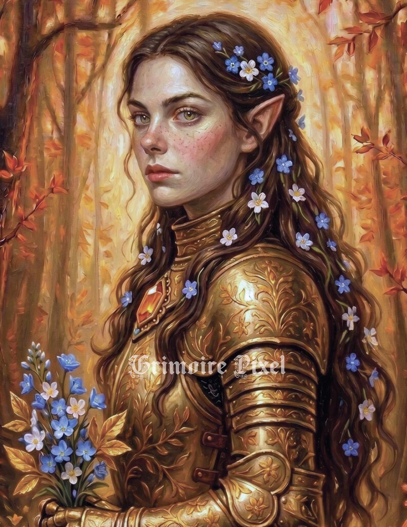 May include: An oil painting style portrait of an elf with long brown hair adorned with small blue flowers, wearing ornate gold armour with floral engravings and a central amber gem. The figure holds a bouquet of blue flowers against an autumn forest.