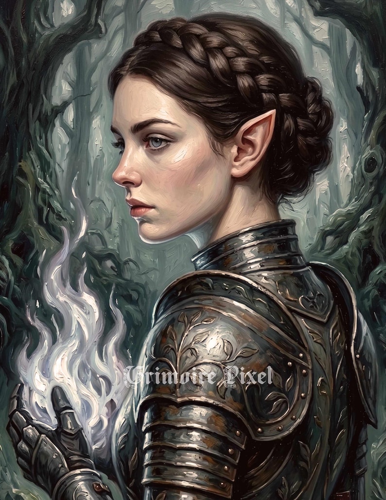 May include: An elf with braided dark hair and pointed ears wearing ornate metal plate armour with floral engravings. The figure holds a glowing white flame in a gauntleted hand. The text Grimoire Pixel is visible on the chest plate.