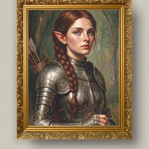 May include: A framed portrait of an elf with long braided auburn hair and pointed ears, wearing ornate silver metal armour with leaf engravings. The figure has a quiver of arrows on their back and is set against a soft, blurred forest background.