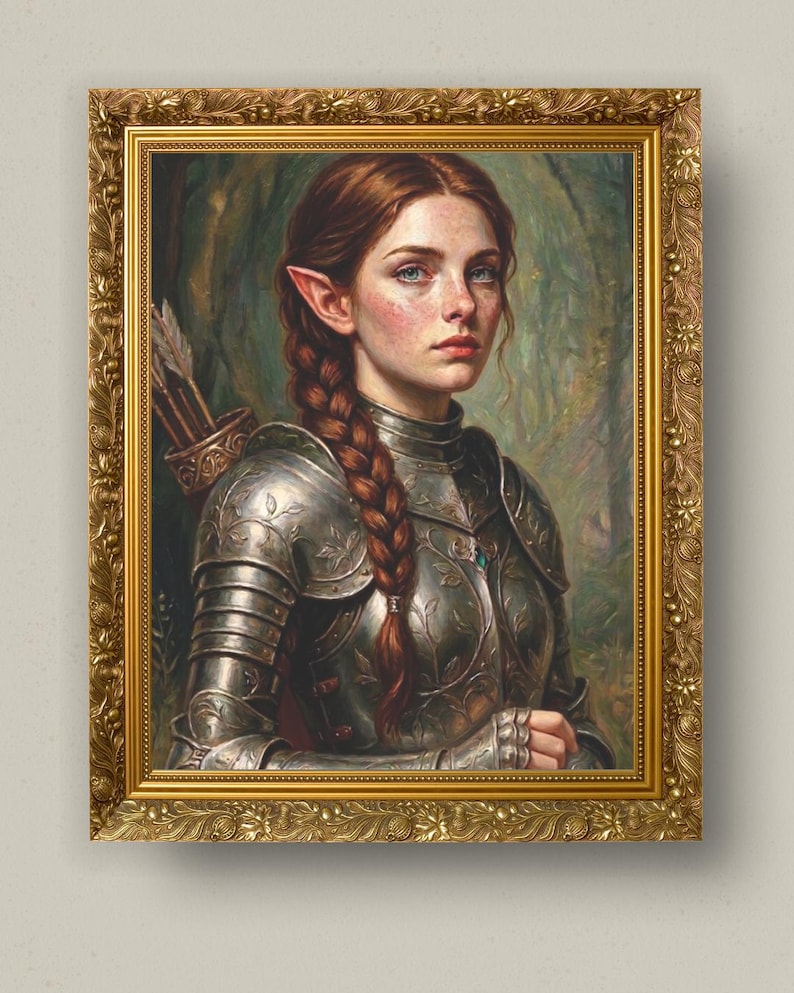 May include: A framed portrait of an elf with long braided auburn hair and pointed ears, wearing ornate silver metal armour with leaf engravings. The figure has a quiver of arrows on their back and is set against a soft, blurred forest background.